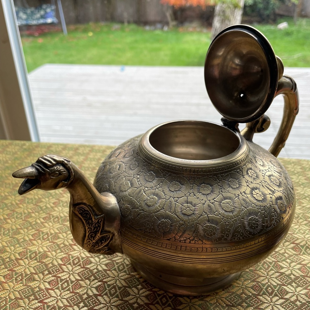 🫖 Engraved Brass Tea Set – Phoenix Spout Teapot + Creamer & Sugar Pot